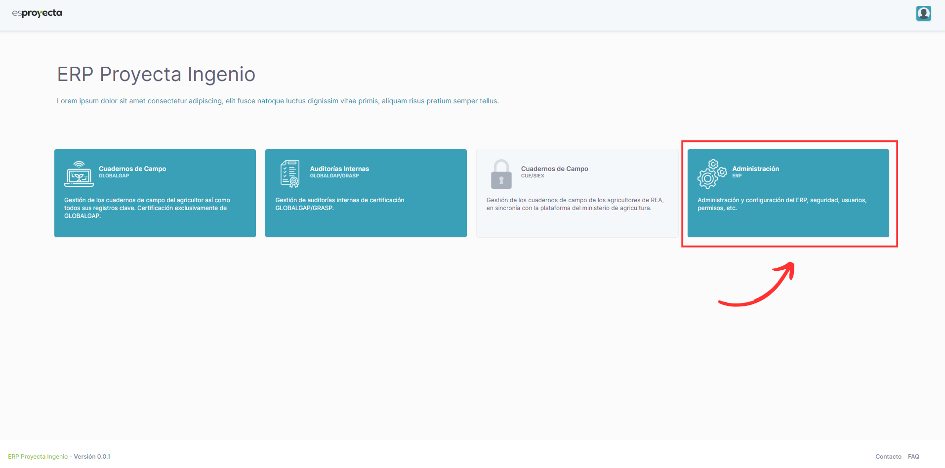 Panel principal (módulos)