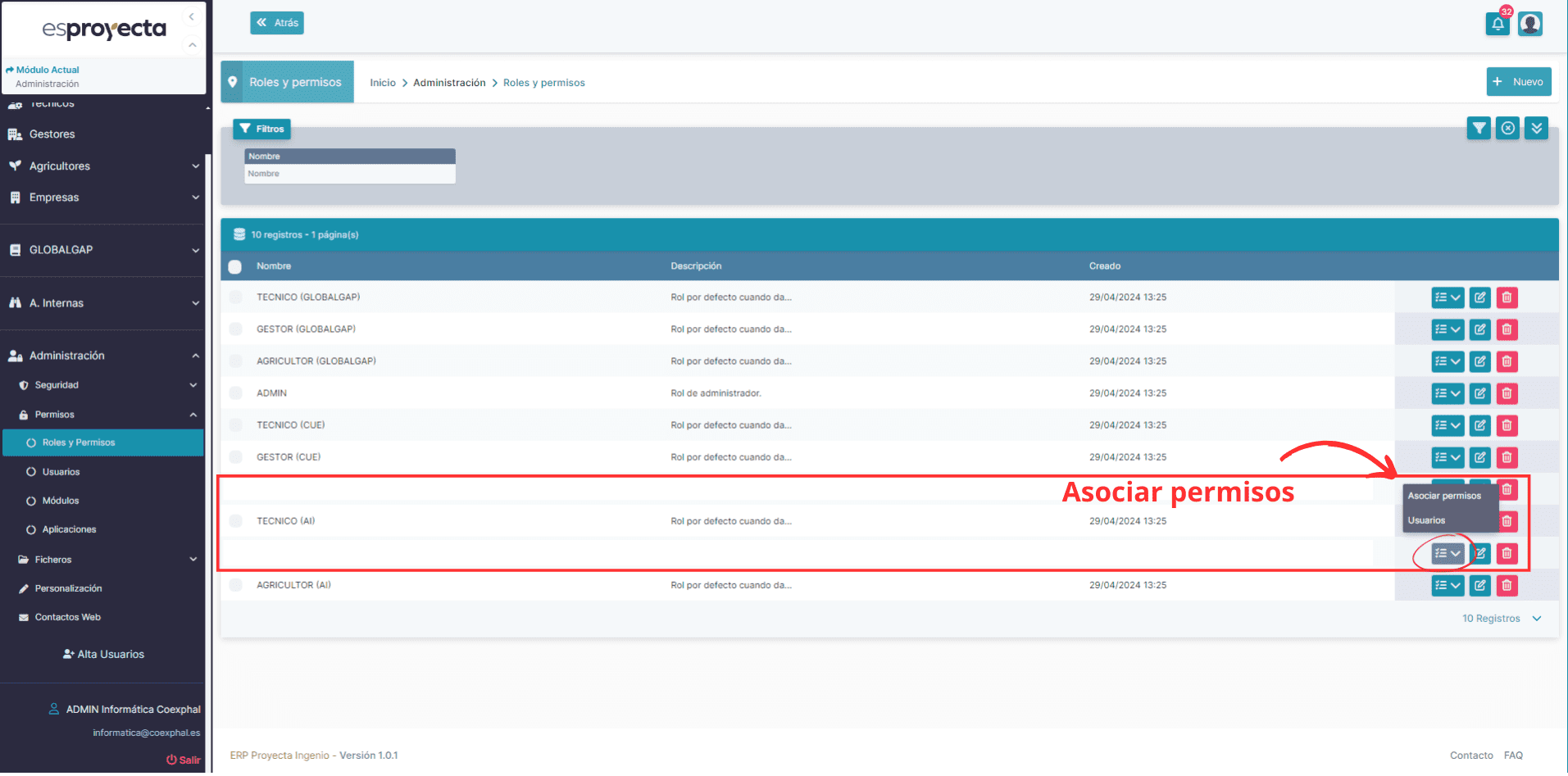 litado asociar permisos a un rol