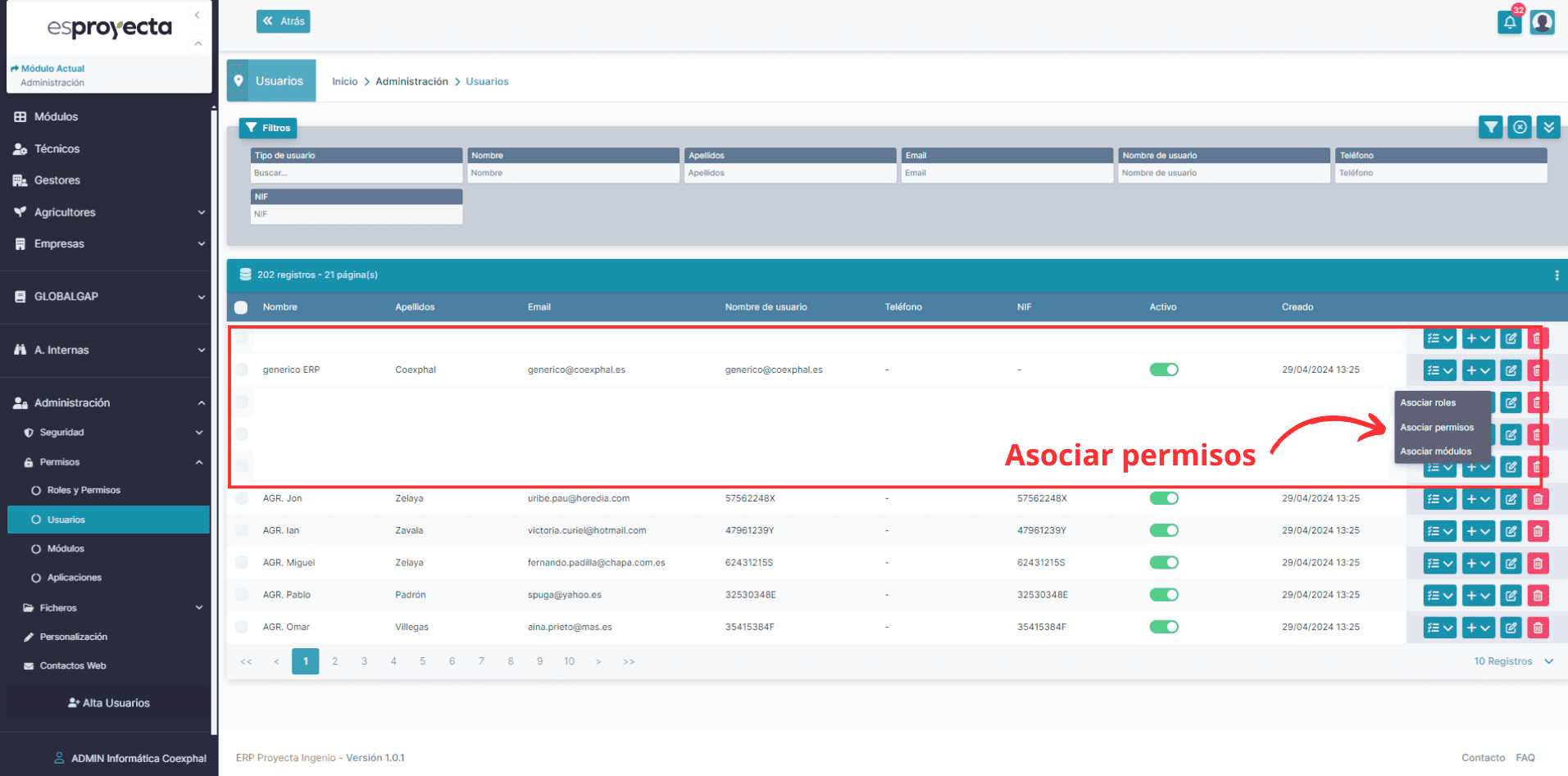 listado asociar permisos a un usuario