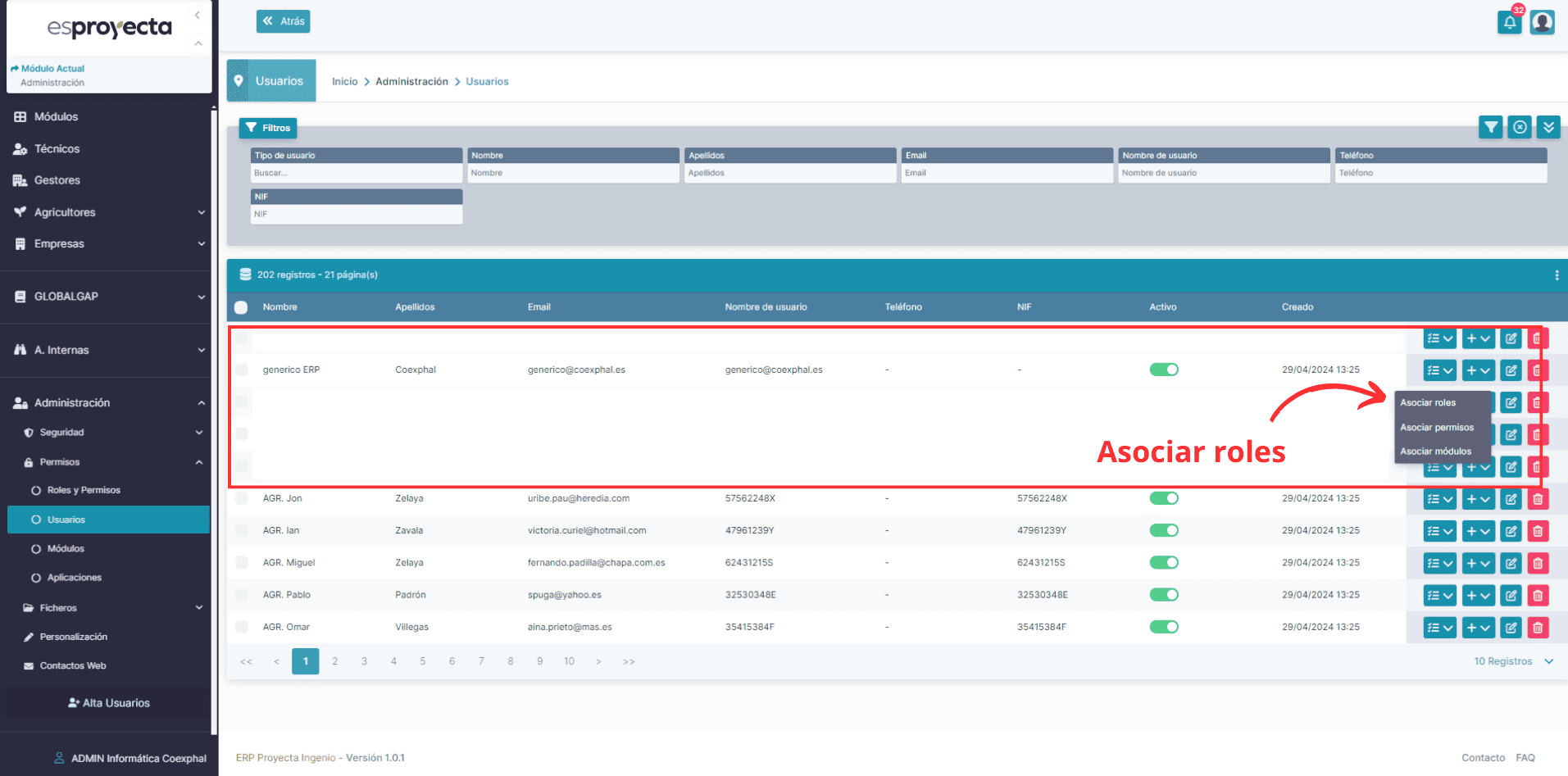 listado asociar roles a un usuario