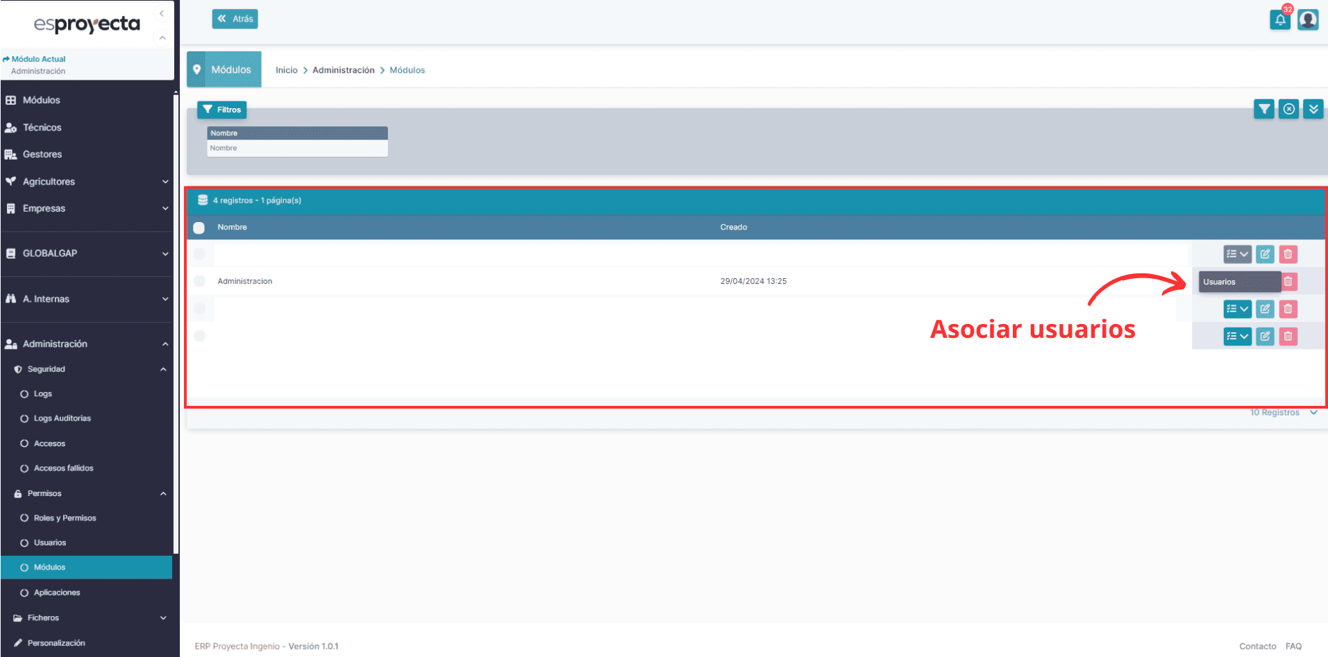 listado asociar usuarios a un módulo