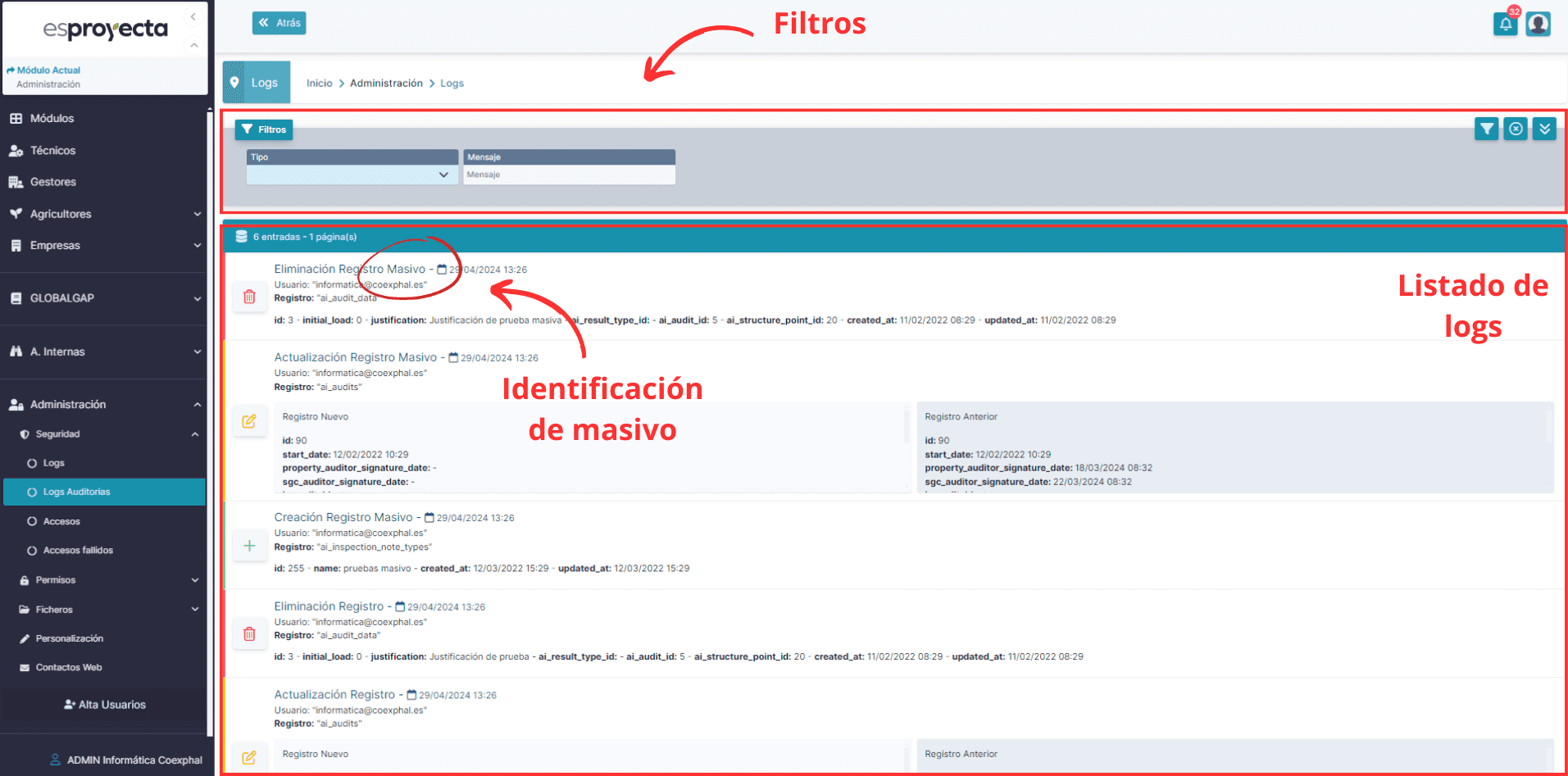 Listado de log para el modulo de Auditorias Internas