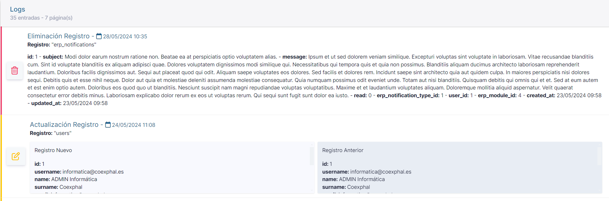 Panel de logs del usuario
