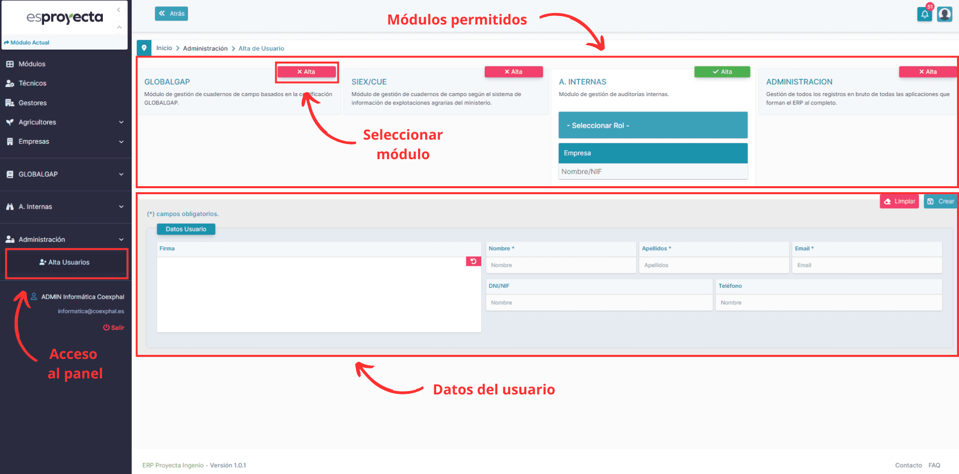 Panel creación de usuarios