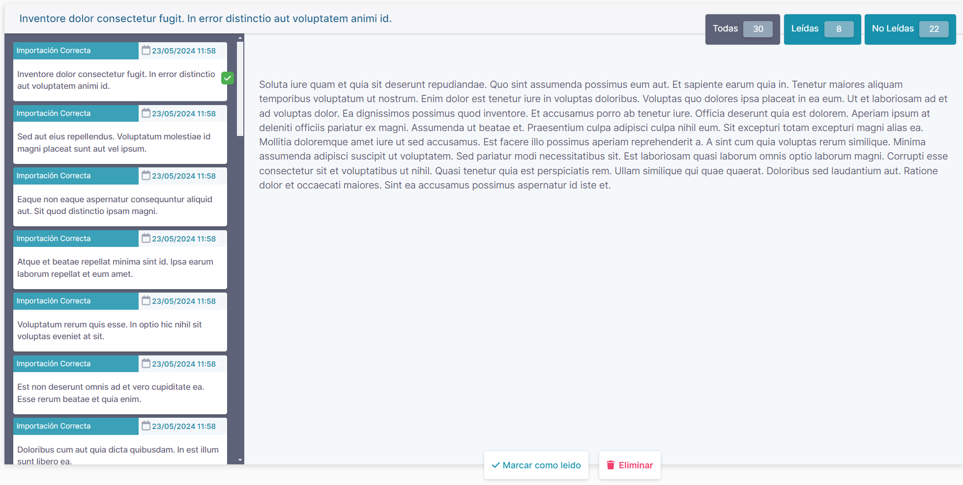 Panel de notificaciones del usuario